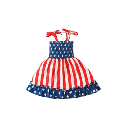 

xkwyshop Kids Toddler Girls Fourth of July Dress Sleeveless Tie Strap Stars and Stripes Print Ruffled Hem Summer Dress
