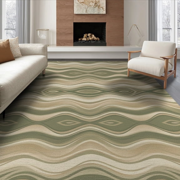 ODIKA 8'x10' Washable Area Rug Abstract Minimalist Mid Curved Geometric Covering Cream Wave for Dining Room, Large Office, Lounge, Non-Slip Chair-Friendly Mat