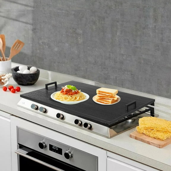 29*21in Rectangle Stove Top Cover, Stove Top Cover With Handles, Acacia Wood Iron Stove Cover(Black)