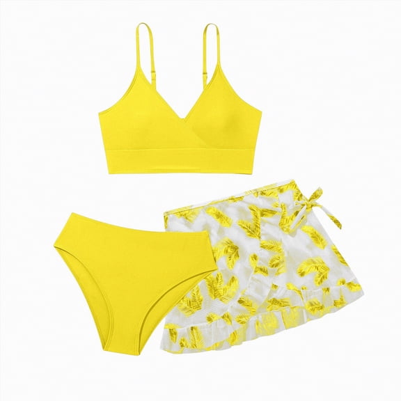 Rotm Bikinis for Teens Girl's Summer Swimsuit Set Floral Halter Triangle Bikini Set with Wrap Skirts Yellow,9-10 Years