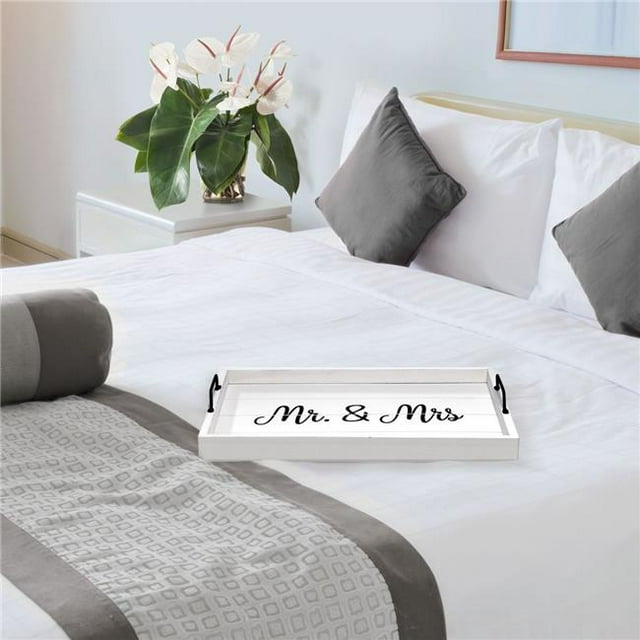 All the Rages HG2000-WMM Plateau de Service Décoratif en Bois avec Poignées, 15.50 x 12 Po. Mr. & Mrs. Finition Blanche Lavée