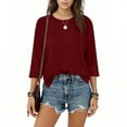 thumbnail image 4 of 3/4 Length Sleeve Tops for Women Crew Neck Solid Shirts Loose Lightweight Tees Business Casual Outfits Fashion Trendy Loungewear Casual Blouses Solid Color Tshirts Red S, 4 of 9