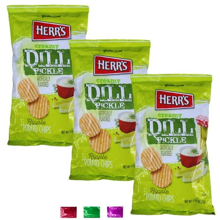 Herr's Creamy Dill Pickle Ripple Potato Chips Snack 2.5 Oz 3 Pack, Tangy Crispy Chips for Parties Lunches On-the-Go Cravings with Snoep in Beperkte Oplage