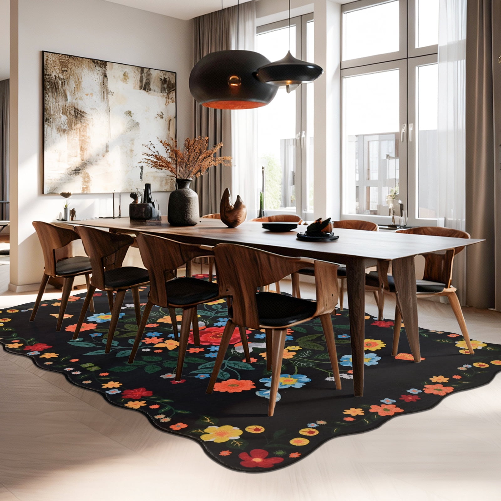 Pentantan Floral Area Rugs 6'x9', Machine Washable Rug for Living Room Non-Slip Vintage Soft Indoor Carpet for Bedroom, Dining Room, Playroom, Office, Black