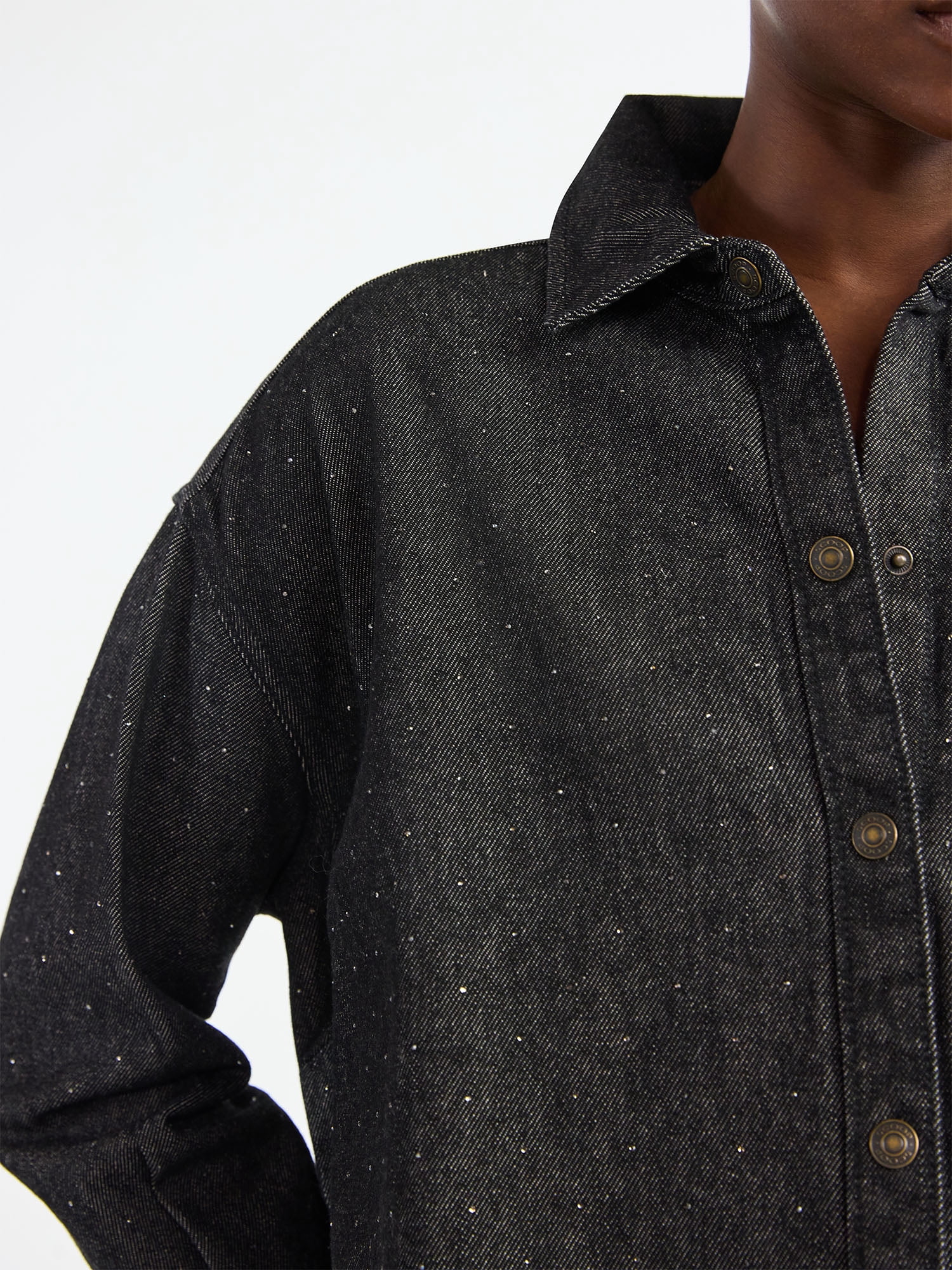 Scoop Women’s Rhinestone Embellished Cotton Denim Shirt with Long Sleeves, Sizes XS-4X