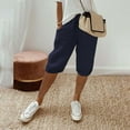 thumbnail image 2 of CIENVNSTG Womens Solid Color Baggy Bermuda Shorts Cotton Linen Fabric High Waist Knee Length Cut with Pockets for Daily Summer Outings Blue M, 2 of 7