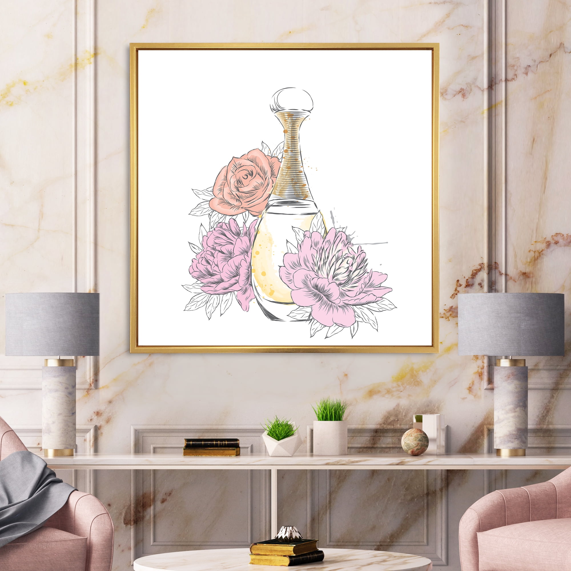 Bouquet of Flowers and Perfume Bottle I 16 in x 16 in Framed Painting Canvas Art Print, by Designart