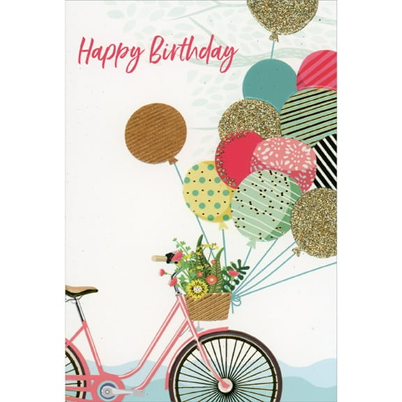 Pictura Pink Bike, Basket of Flowers and Bunch of Gold Foil Accented Balloons Birthday Card
