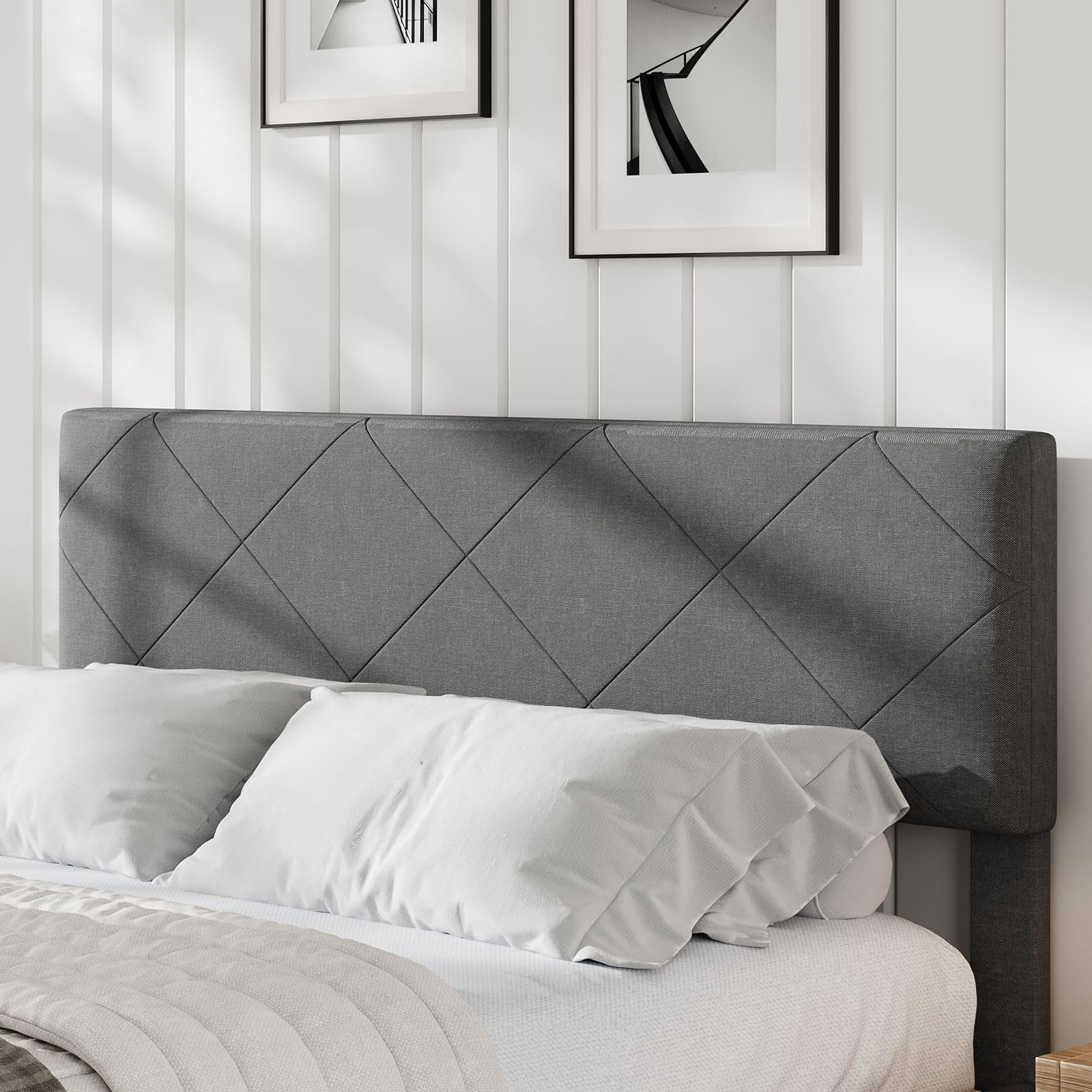 Modern Upholstered Bed Frame with High-Quilted Headboard – Gray Fabric Platform. 900lb Capacity. King size