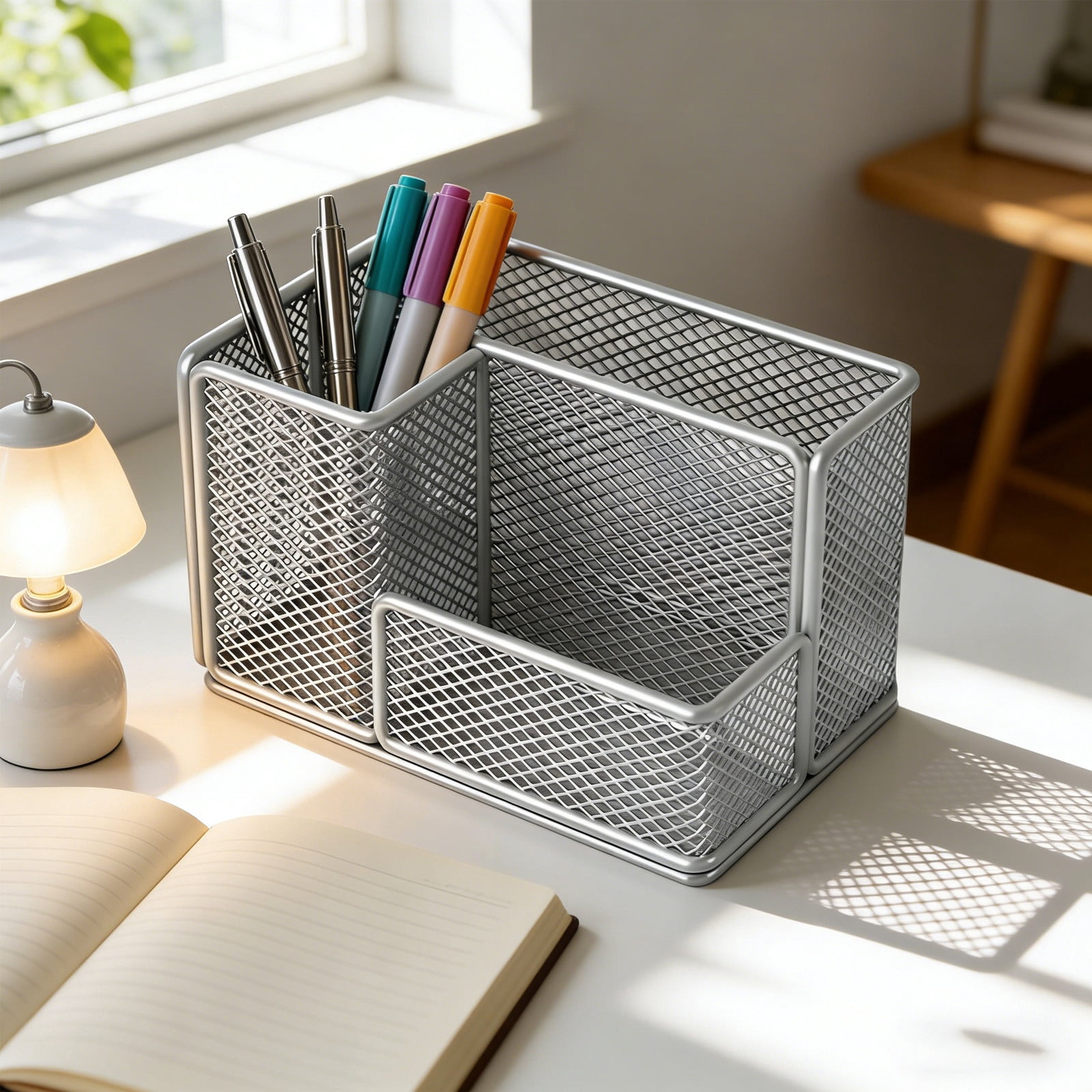 Mesh Pen Pencil Holder Desk Organizer, 3 Compartment Wire Desktop Pen Pencil Cup Caddy Office Supplies Desk Accessories for Home Office, Gray