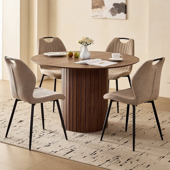 47" Round Dining Table Set of 4 Brown, Khaki Upholstered Wingback Dining Chair Set of 4