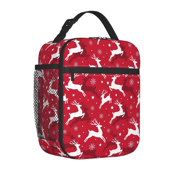 Reindeer Insulated Lunch Box Christmas Reusable Cooler Handbag Front Pocket Handheld Portable Thermal Meal Tote for Women Men Work Office Daily