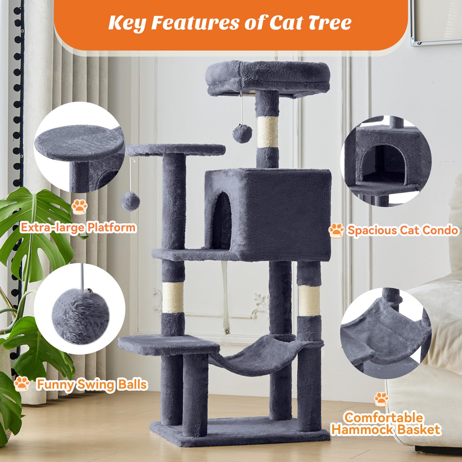 Atilioo 44 inch Cat Tree, Multi-Level Indoor Cat Tower with Condo, Hammock, Sisal Scratching Posts, Anti-Tip Bolts for Indoor Cats, Gray
