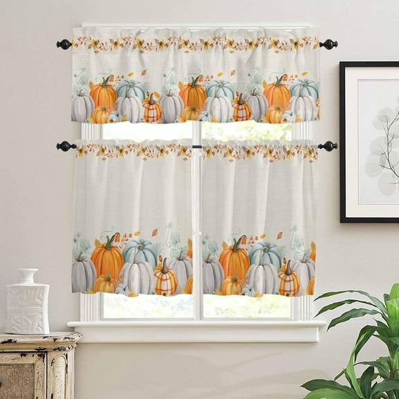 Kitchen Curtains and Valance Set, Harvest Fall Curtain Valance and Tier Rod Pocket Window Curtain Tiers for Bedroom Bathroom 3 Piece Curtain 24 Inch Length Thanksgiving Pumpkin Maple Leaf