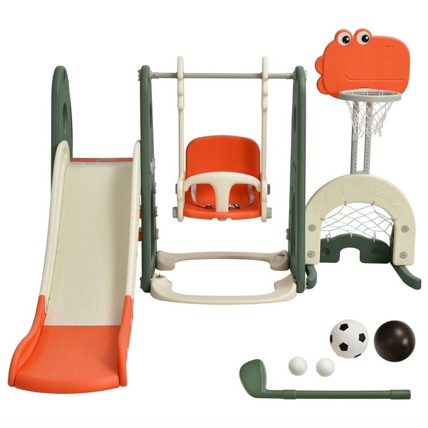 GVN Play Climber Slide Set,6 in 1 Toddler Slide and Swing Set with Ball Games-Orange