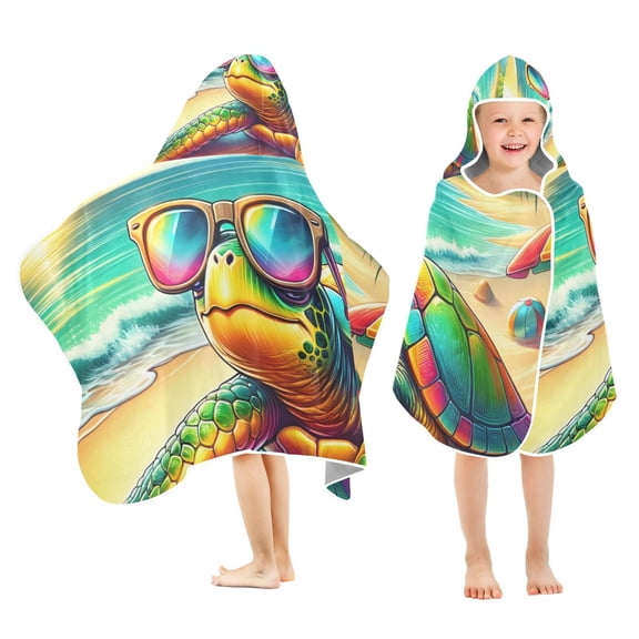 Turtle Wear Sunglasses on Beach Kids Hooded Beach Towel Baby Bath Poncho Towels with Hood Absorbent 50"x23.5" for Pool Swimming