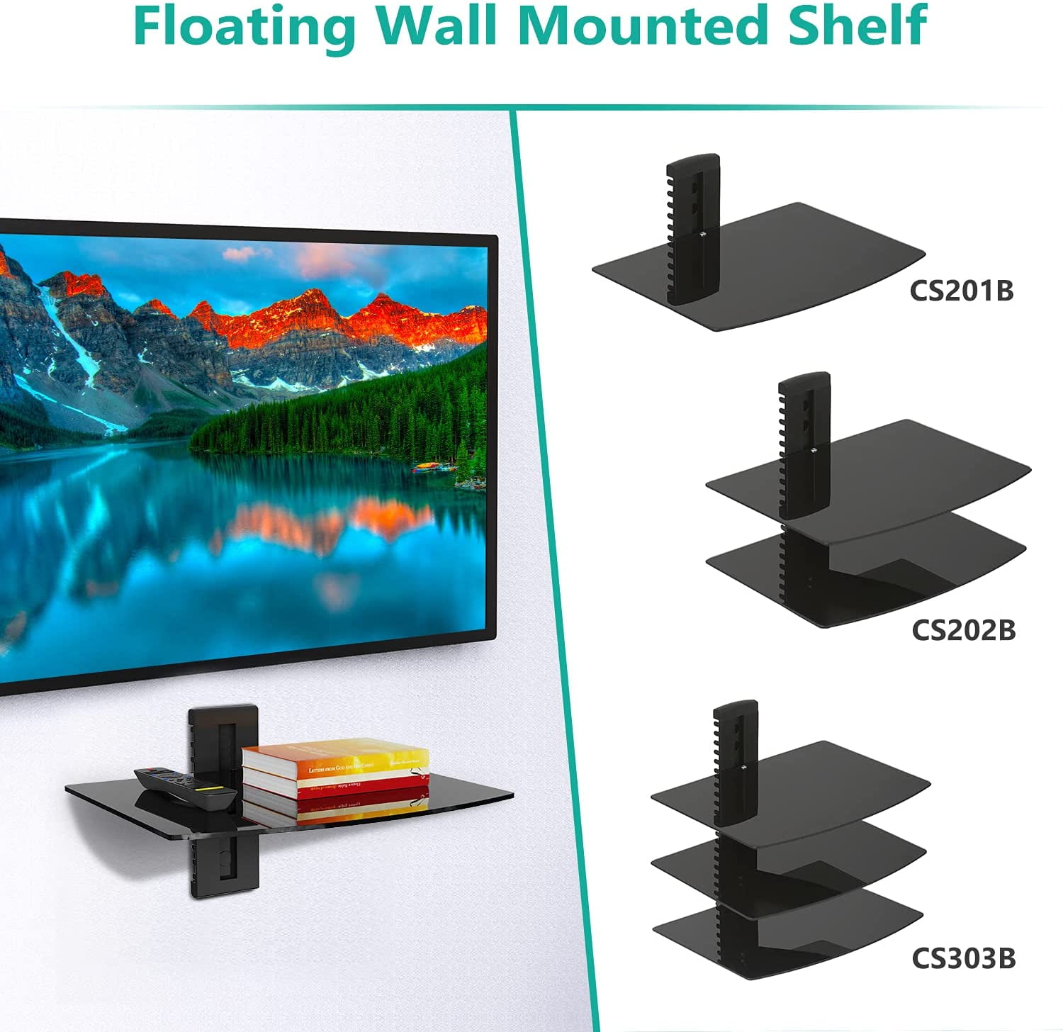 Floating TV Shelf, 1 Tier Glass Projector Shelf for DVD Players, Routers, Game Consoles, Cable Boxes, Living Room Decor, Wall Mount Shelves Hold Up to 17.6lbs (CS201B), 1-Shelf, Black