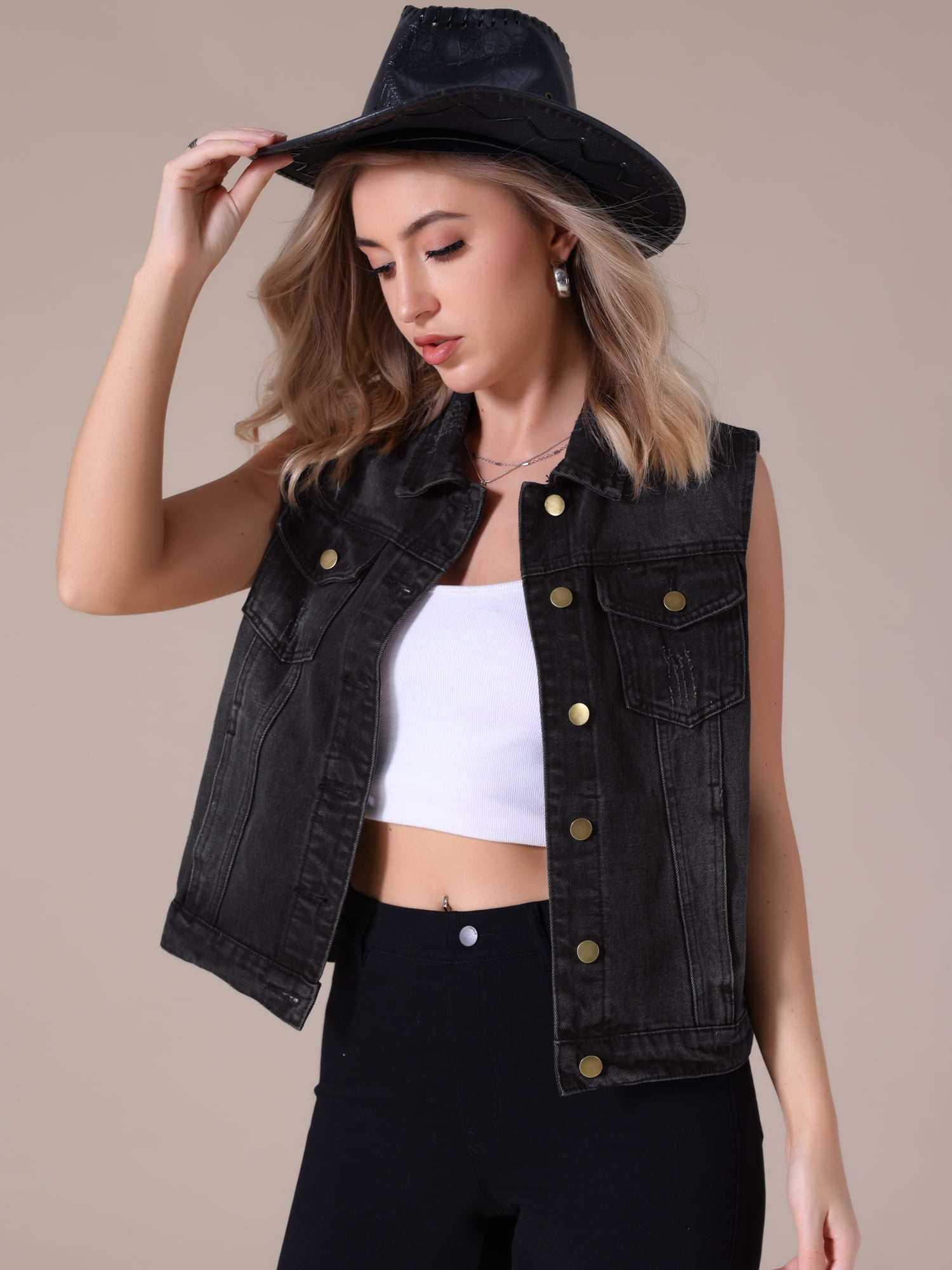 DARING DIVA Womens Denim Vest Button Down Jacket Sleeveless Jean Jacket M Black