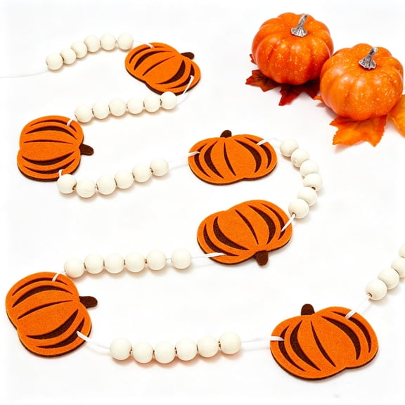 Felt Pumpkin Wood Bead Garland,Suitable Halloween Thanksgiving Birthday Home Mantel Decor