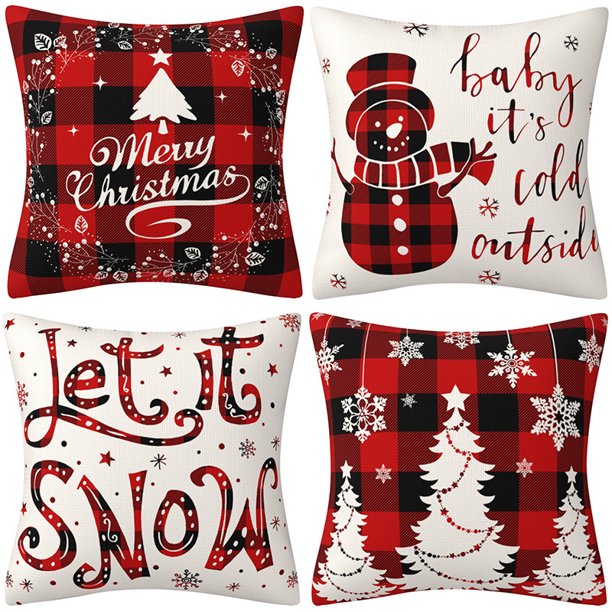Fundas de Almohada Navideñas,Adornos Navideños de ,Fundas de Almohada Clásicas de Lino a Cuadros Negros y Rojos para Sofá,Silla,Cama,Hogar(C)(4 piezas)