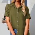 thumbnail image 2 of Women's Button Down Shirt Short Sleeve Collared Solid Work Blouses with Pocket Summer Beach Casual Business Tunic Tops Z001-Army Green L, 2 of 5