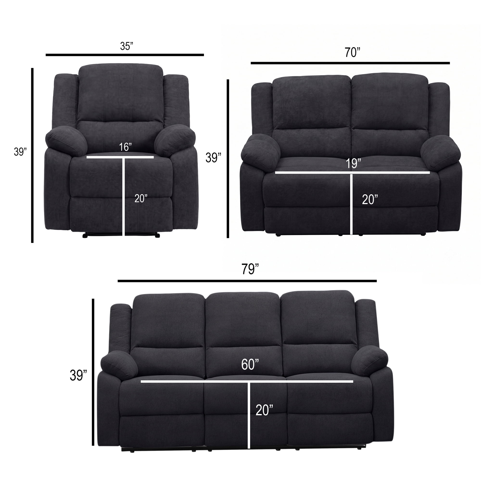 Black 3-Piece Reclining Sofa Set - 3-Seat Couch, Loveseat & Single Recliner