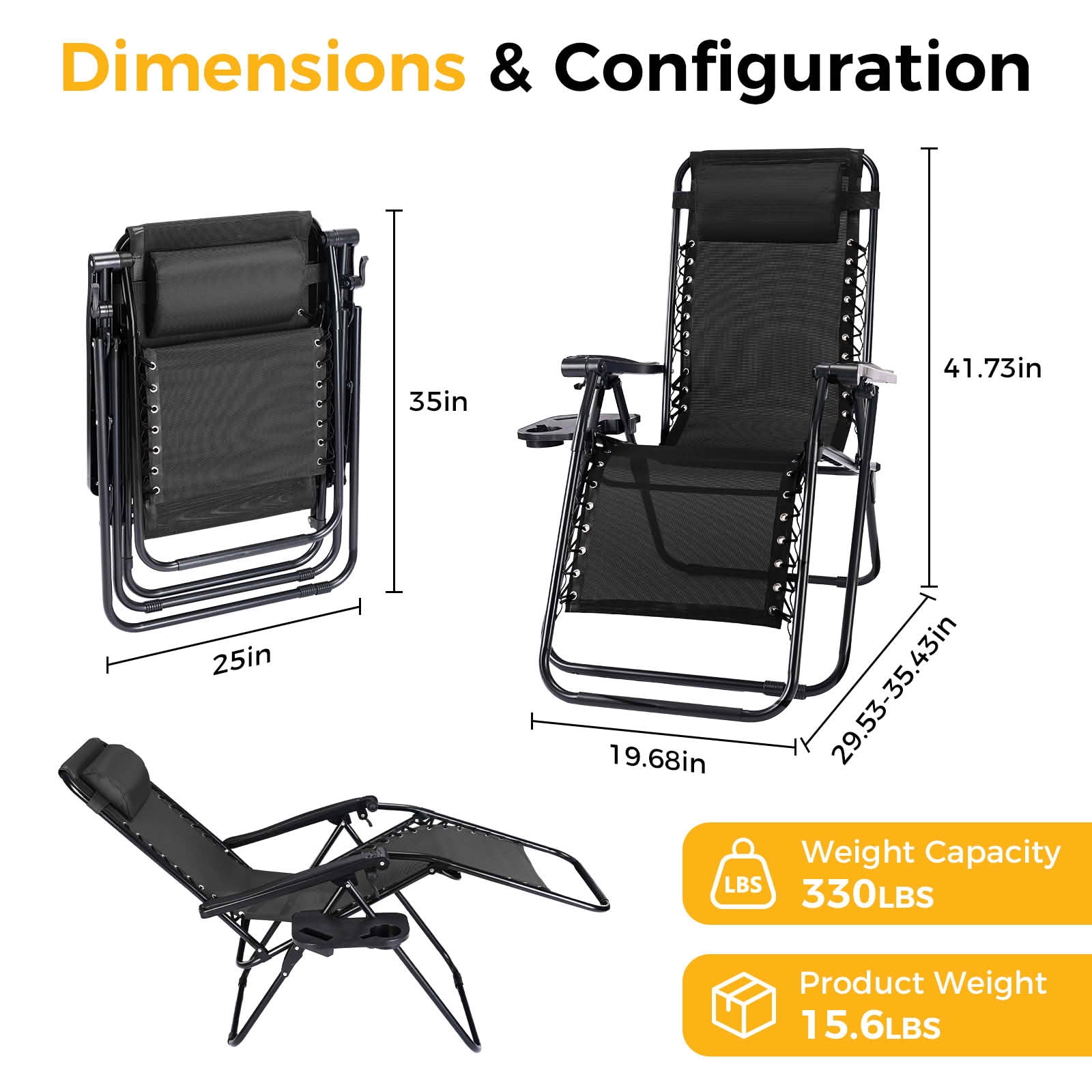 MAYEERTY Set of 2 Zero Gravity Patio Lounge Chairs, Adjustable Alloy Steel Foldable Outdoor Recliners with Pillow Cup Holder Side Tray for Beach Pool Lawn, Holds 300 LBS
