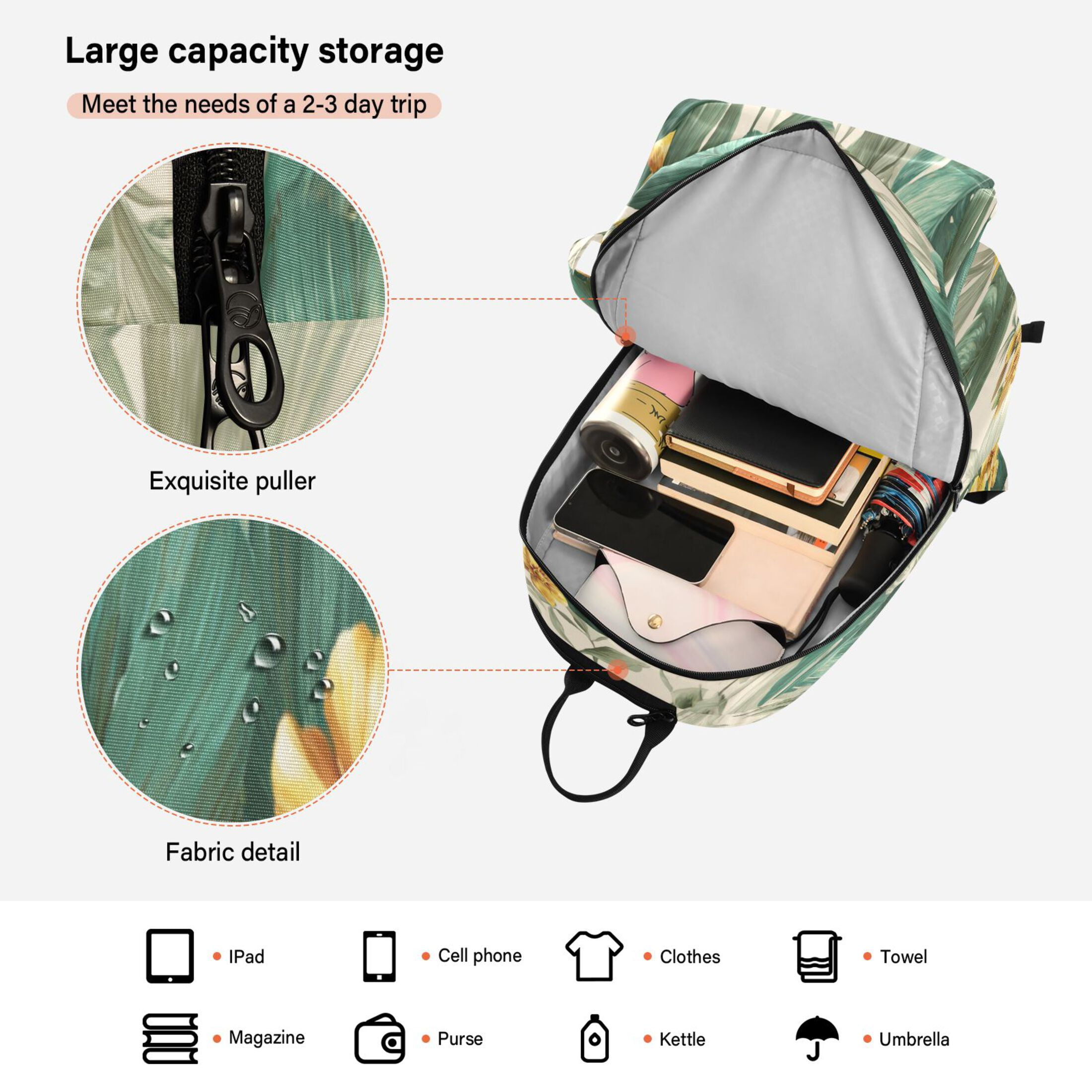 2 Racquet Holder Tennis Backpack Tennis Racket Covers Gym Bags Tropical Plants and Flowers
