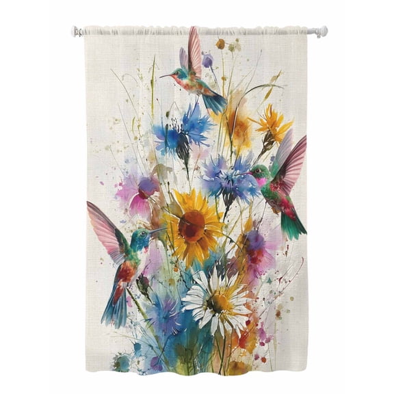 Sheer Curtains 63 Inch Length, Hummingbird Semi Sheer Curtains Light Filtering Window Treatment, Spring Vintage Oil Painting Sunflowers Beige Privacy Voile Drapes for Living Room Bedroom 52x63 Inch