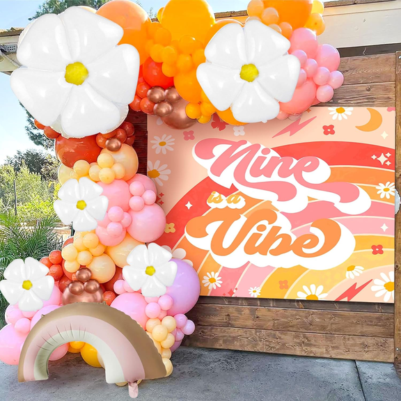 9th Birthday Party Decoration Set - "Nine is a Vibe" Themed Warm Orange Pastel Retro Background Board and Balloons