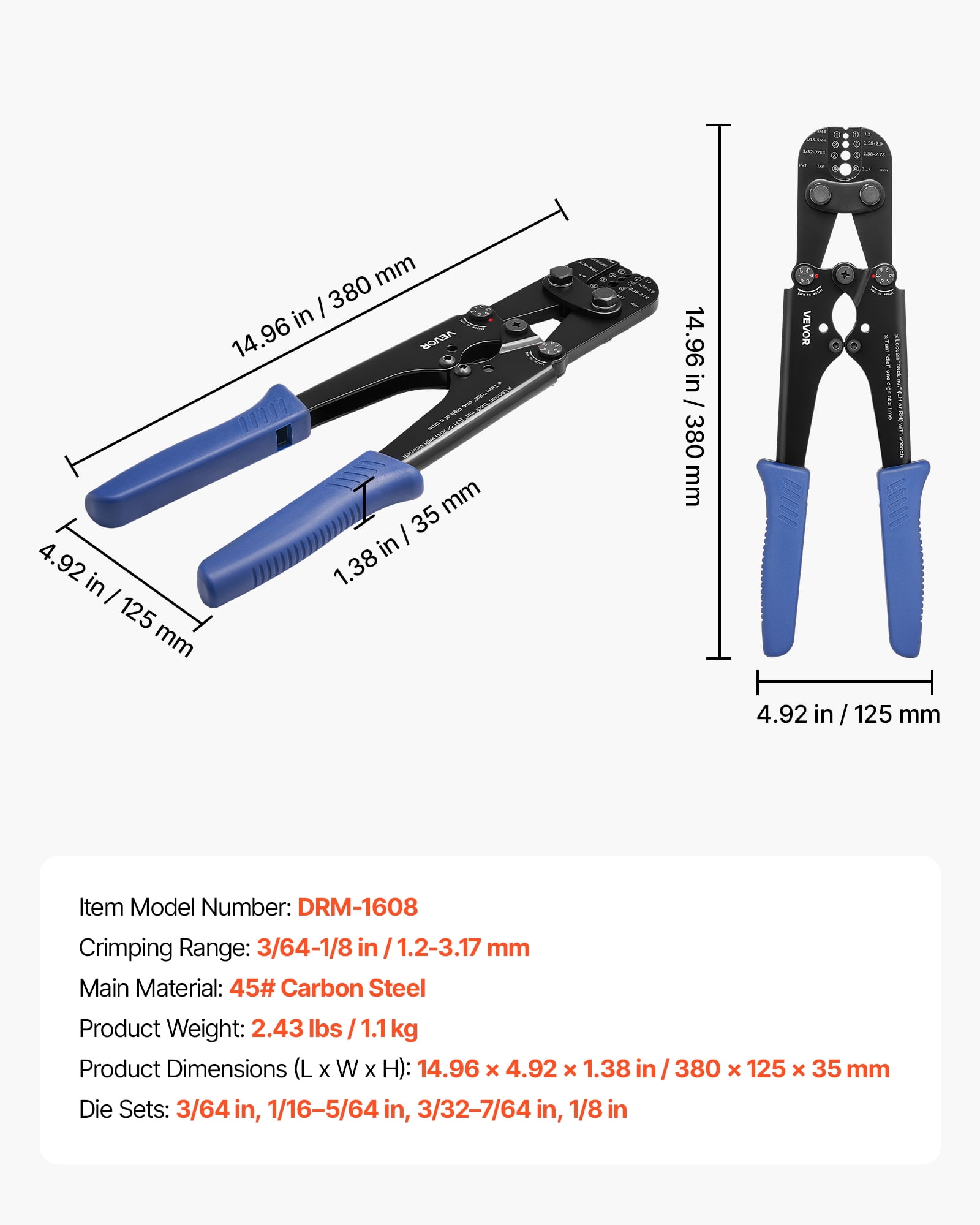 VEVOR Crimping Tool, 3/64" - 1/8" Steel Wire Rope Crimper, with Clear Metric and Imperial Markings, Adjustable Force, Crimp Pliers for Aluminum Oval and Dual Sleeves, and Annealed Copper Sleeves