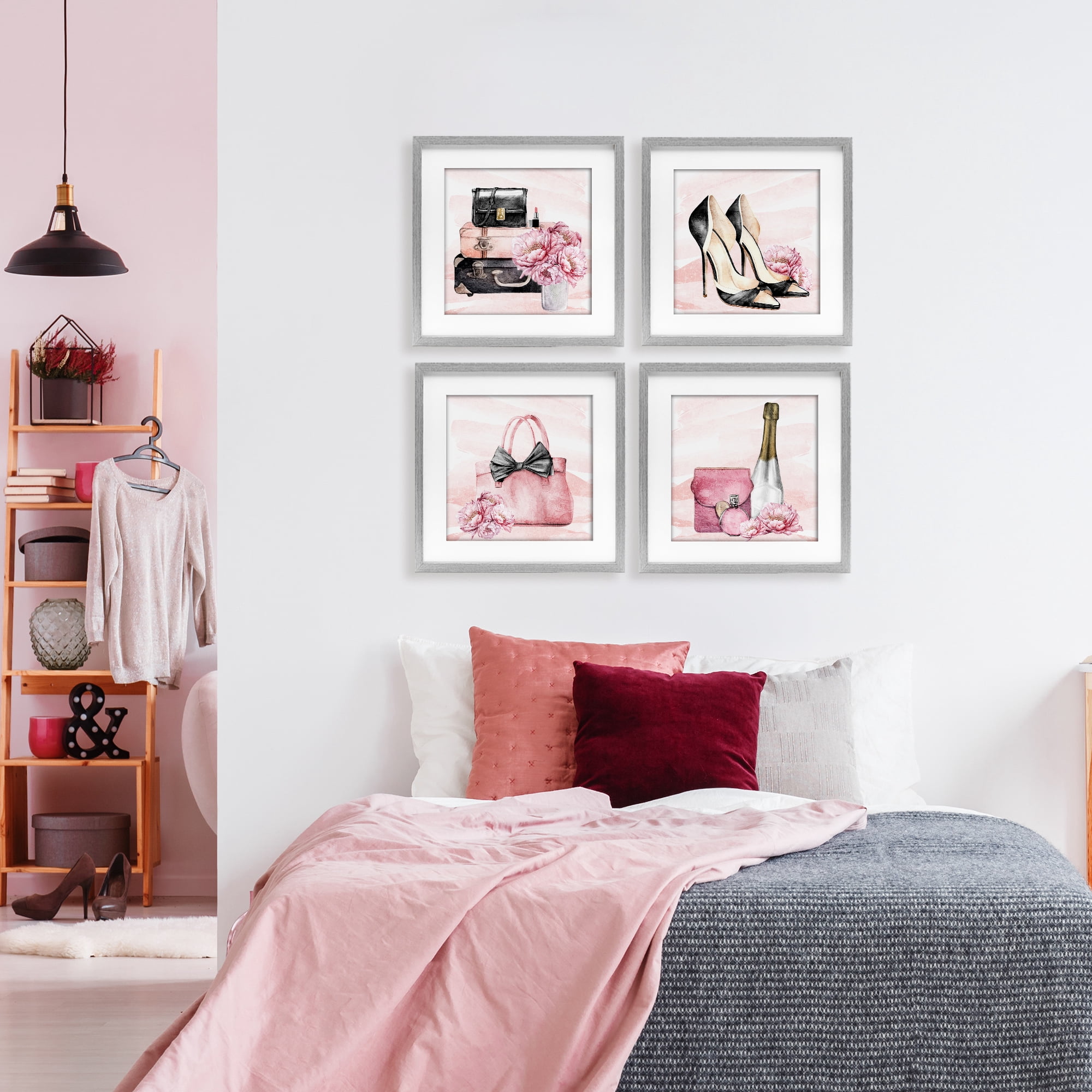 Stupell Industries Glam Time Accessories 4 Piece Gray Framed Print Under Glass Set, design by Kim Allen