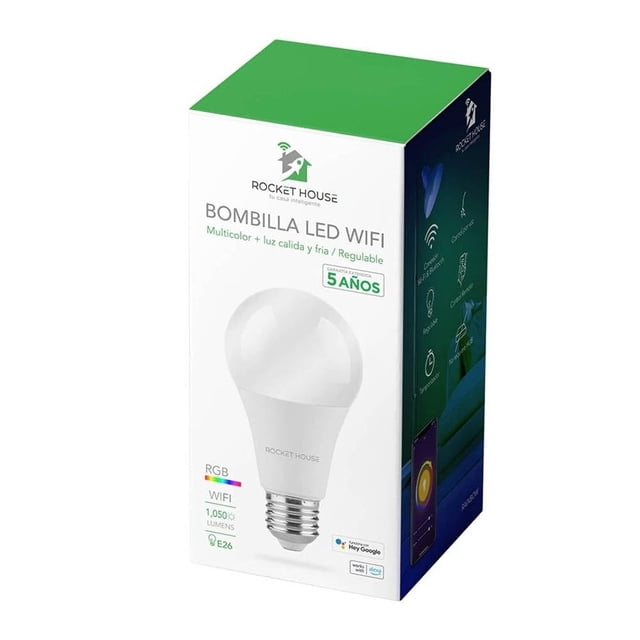 foco led inteligente rocket house rgb empaque vertical 3/4 mostrando la bombilla LED blanca con base E26; caja indica multicolor, luz cálida y fría, regulable, Wi‑Fi y Bluetooth y compatibilidad con Hey Google y Amazon Alexa.