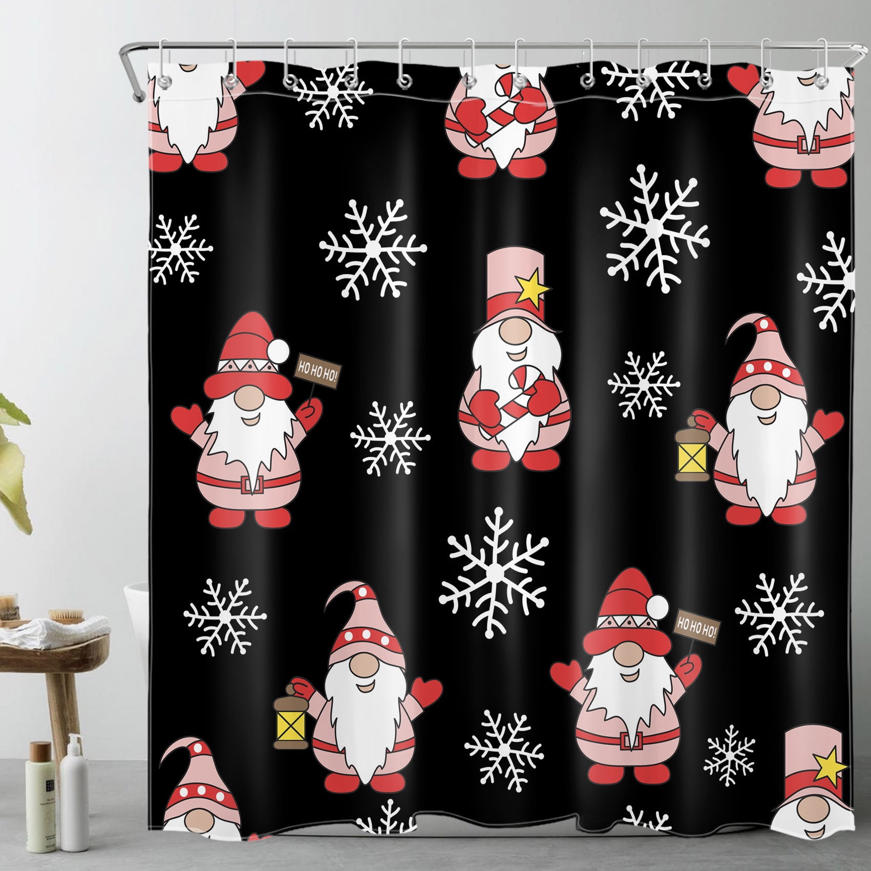 HVEST Funny Gnome Shower Curtain,Snowflakes and Cute Gnomes on Black