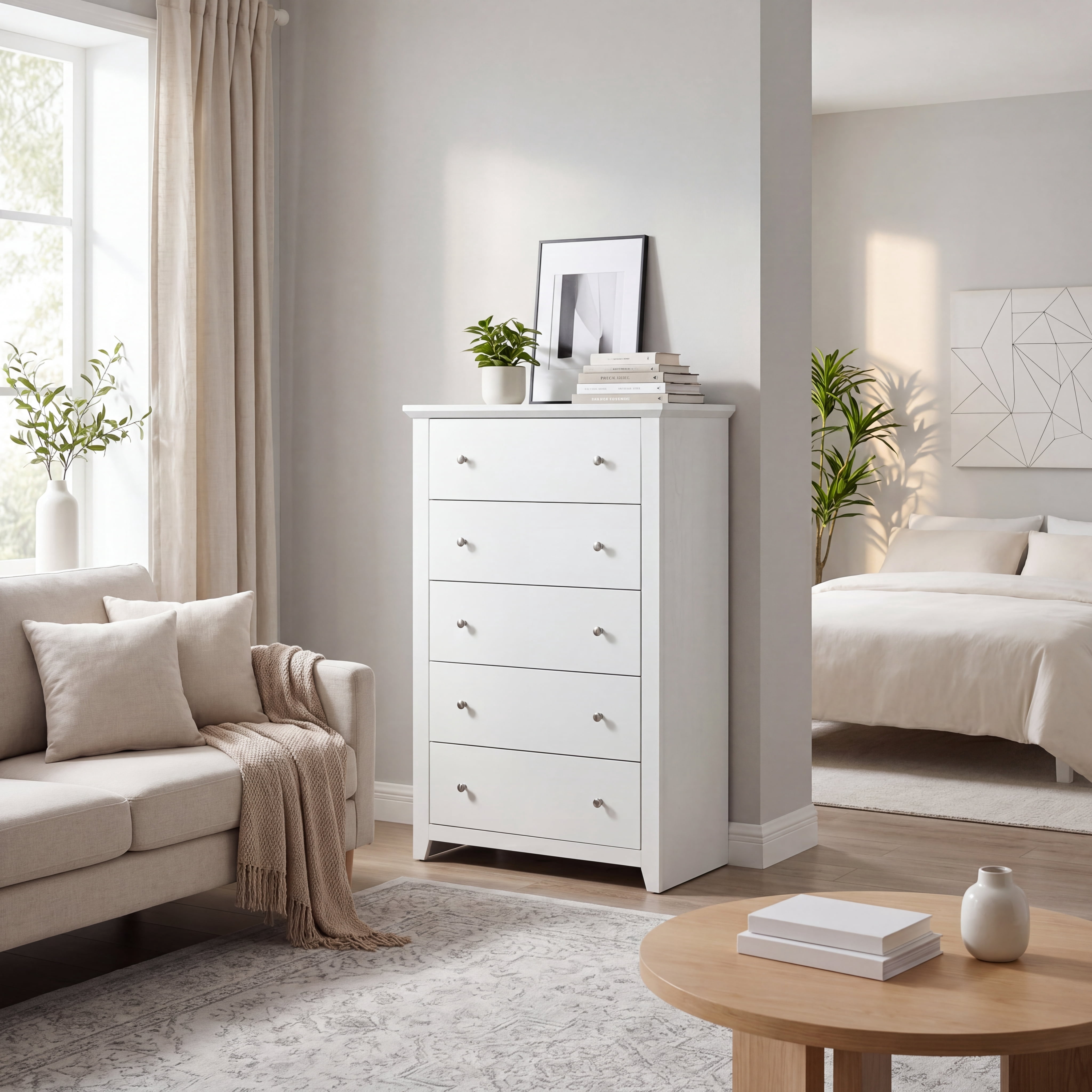 TrumanPick White Dresser for Bedroom with 5 Drawers 47" Tall Chest of Drawers Wooden Dressers for Living Room Closet 31"D x 17"W