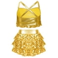thumbnail image 2 of Doomiva Kids Girls Shiny Sequins Halter Tassel Crop Top with Mini Skirt Set Latin Jazz Salsa Samba Rumba Dance Outfits Gold 14, 2 of 7