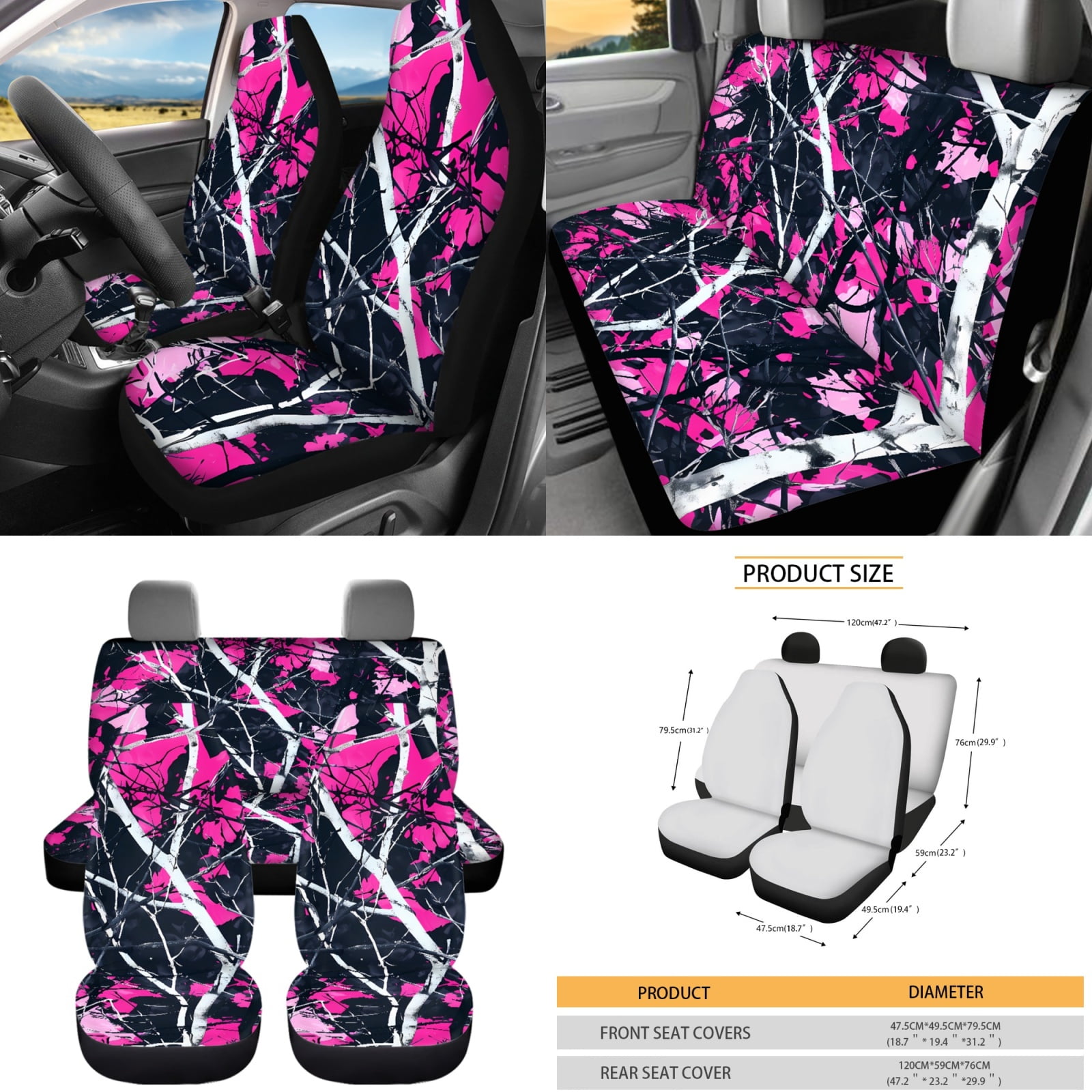 Yuyamidu Camo Hunting Car Seat Cover Set 12 PCS Pink Wood Steering Wheel Cover Seat Belt Pads Coasters Key Chain Lip Balm Holder Keychain Universal Fit