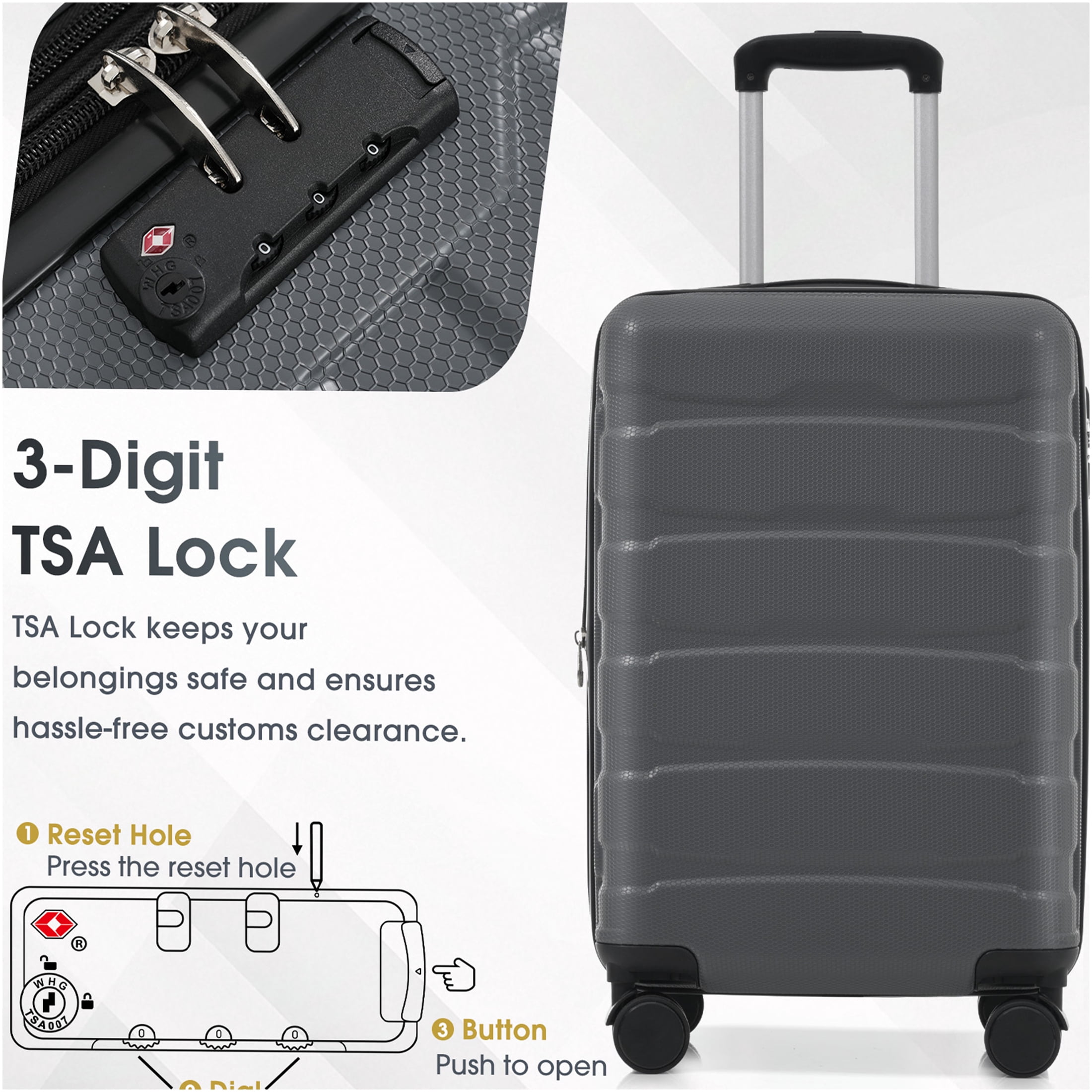 JERFIT Gray Hardshell Carry on Luggage 20 Inch Expandable Spinner Suitcase with TSA Lock