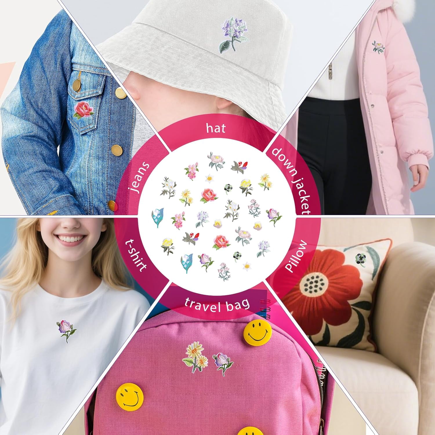 28pcs Mini Flowers Iron On Patches, 14 Patterns Decorative Embroidered Patches Rose Flower Clothing Sewing Patch Cute Small Floral Embroidered Appliques for Clothes Hats Jeans Jacket