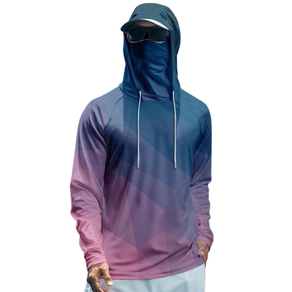 Havenx Mens Uv Protection Shirts Gradient Color Geometry Long Sleeve Rapid Dry Hoodie with Mask Hooded Upf 50 Rash Guard Shirts Outdoor Fishing Lightweight Casual Summer Blouses,Purple M