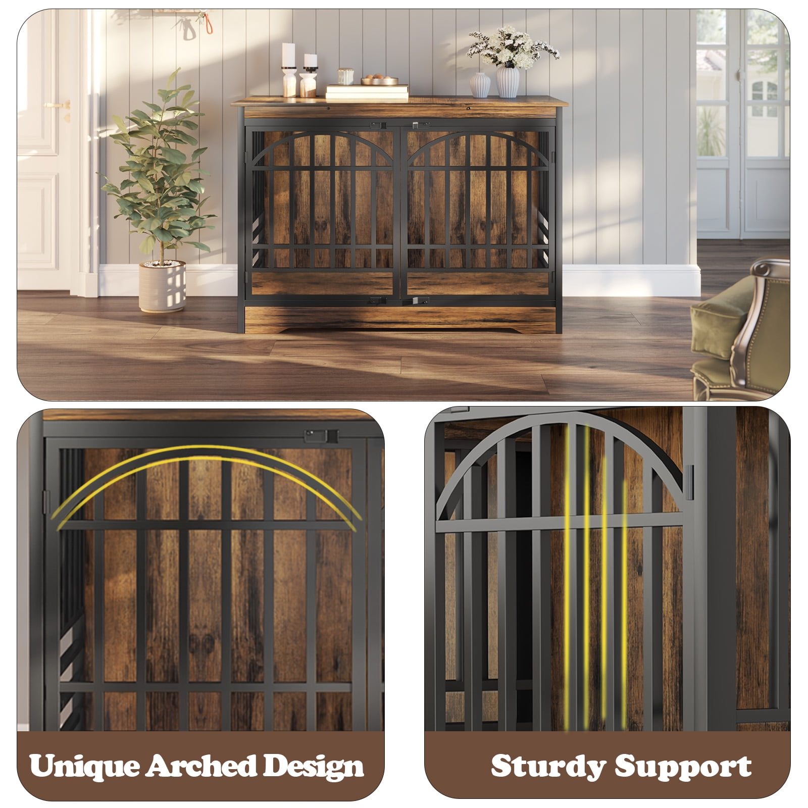 Bel Ark 52 inch Dog Crate Furniture Wooden Indoor Dog Cage XL Indoor Dog Kennel for Extra Large Dog with Double Arched Doors