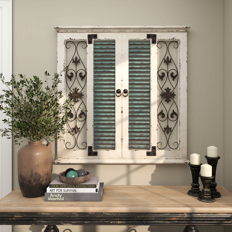 DecMode Beige Wooden Window Shutter Scroll Wall Decor with Metal