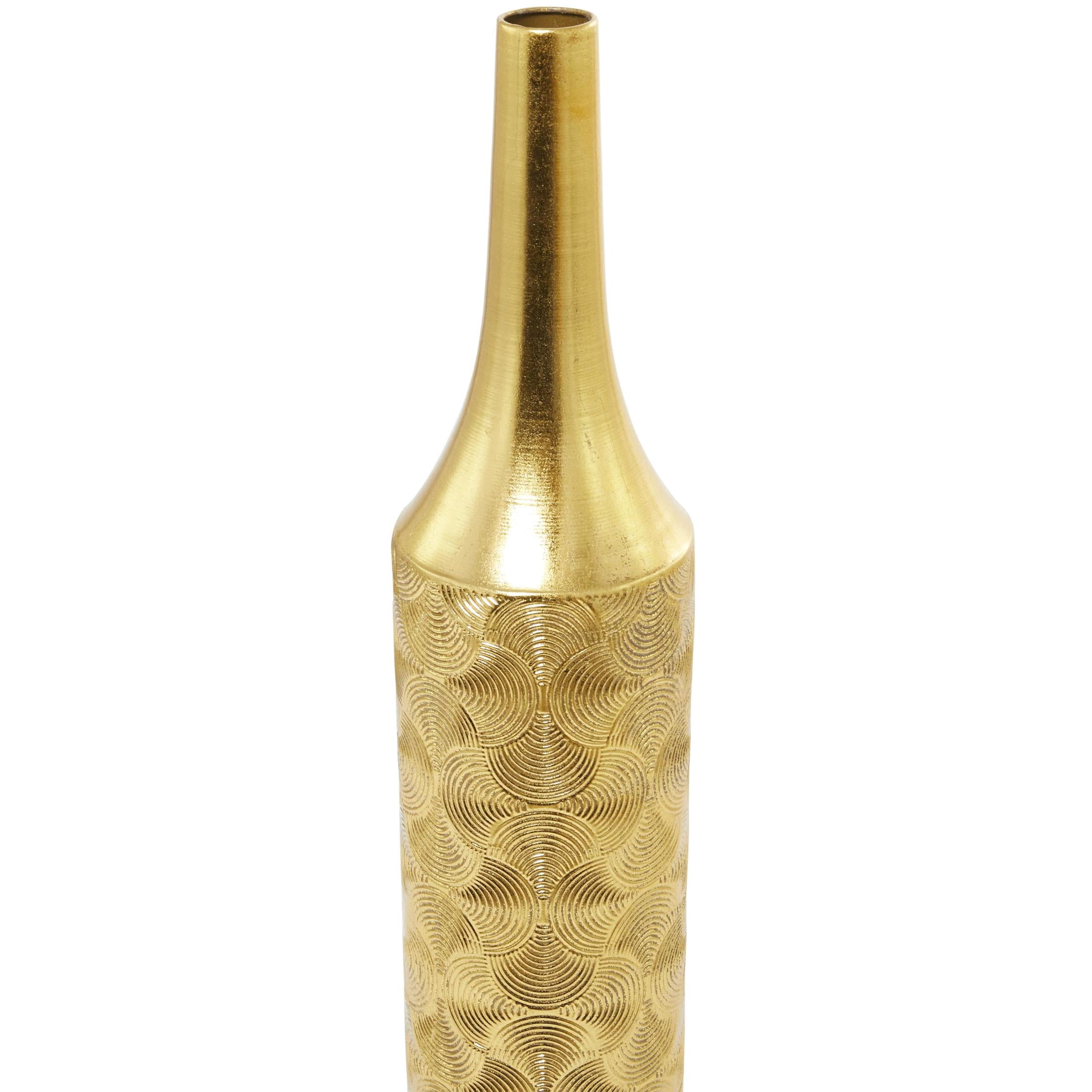DecMode 36", 30", 25"H Geometric Tall Distressed Metallic Gold Metal Vase with Engraved Swirl Patterns, Set of 3
