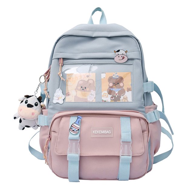 AMERTEER Women Cute Hit Color Backpack Student Canvas Knapsack with Pendant (Blue)