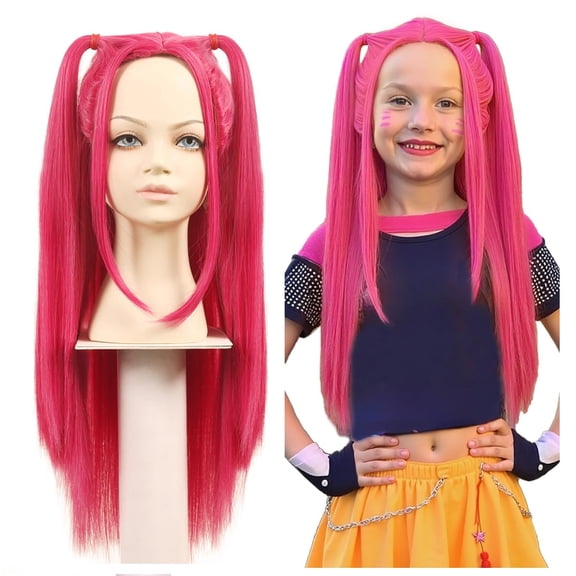 Long Straight Hot Pink Cosplay Wig with Double Ponytails for Halloween and Party Costume