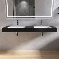 MEDUNJESS 59" Wall Mounted Double Basins Sink Solid Surface Rectangular Bathroom Sink with Faucet Hole，White interior, Black exterior