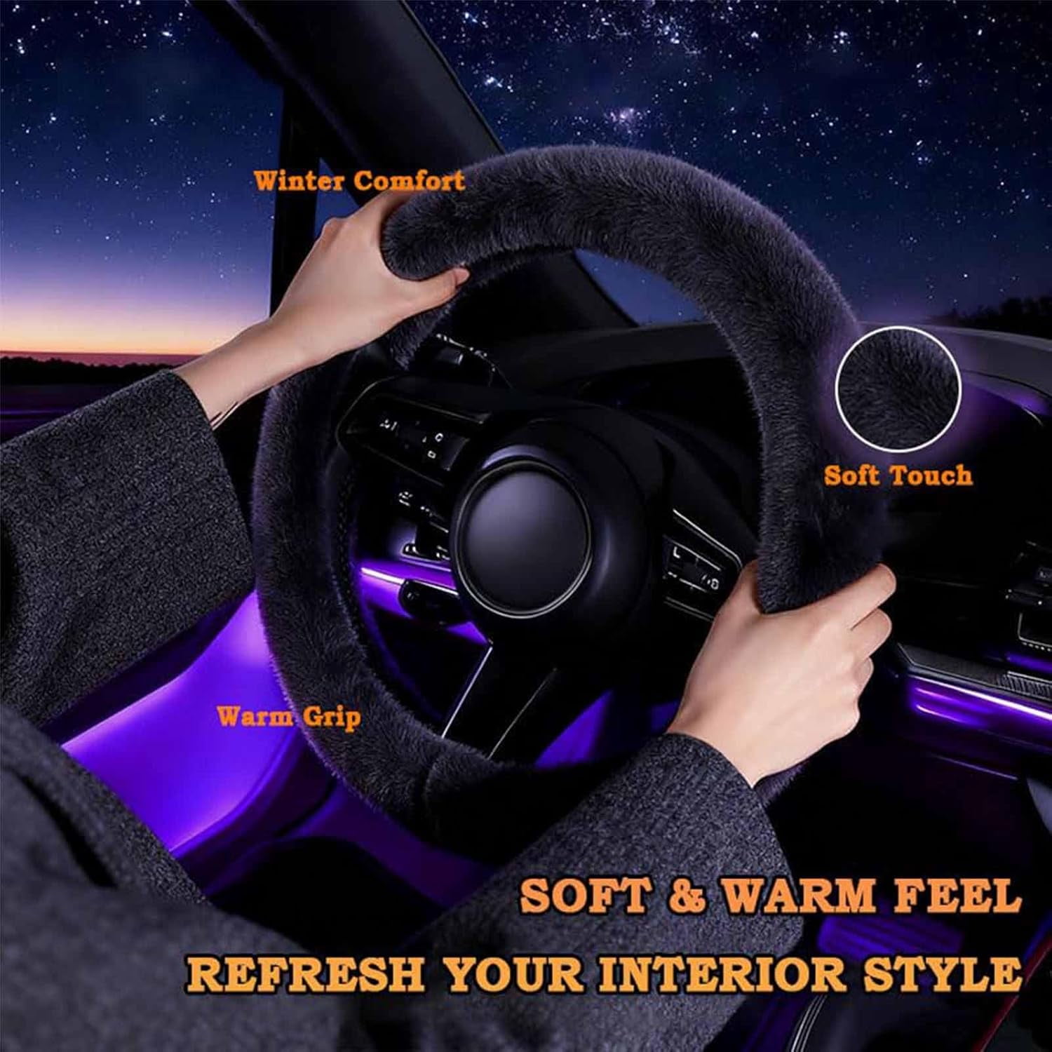 Fuzzy Steering Wheel Cover for Women Men, Wheel Cover for Winter Warm, 15 inch Soft Wool Steering Wheel Protector with Anti-Slip Grip for Cold Weather Driving (White)