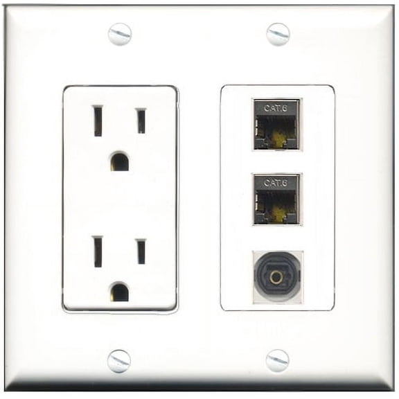 RiteAV - 15 Amp Power Outlet 2 Port Shielded Cat6 Ethernet Ethernet 1 Port Toslink Decorative Wall Plate