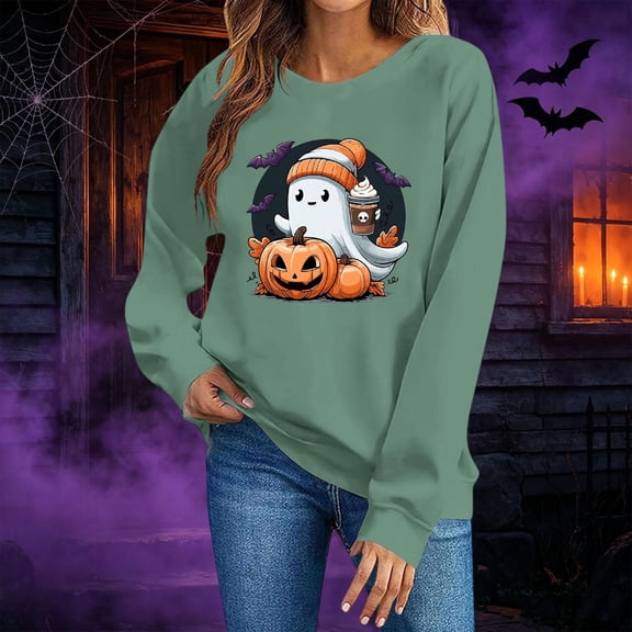 Gamivast Halloween Graphic Sweatshirts for Women Cute Ghost with Coffee and Pumpkin Print Long Sleeve Pullover Fall Tops Lightweight Comfortable Crewneck Casual Jumper Green L