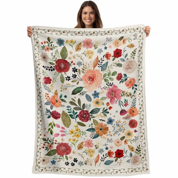 Watercolor Flowers Blanket Soft Cozy Warm Throw Blanket for Couch, Plush Fuzzy Flannel Fleece Blankets for Sofa, Rustic Spring Floral Botanical Beige Bed Blankets Lightweight Gifts for Women, 40"x60"